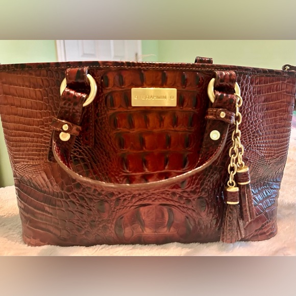 Brahmin Mini Asher Satchel Crossbody Pecan Melbourne Croc Print Embossed Leather - Picture 8 of 10